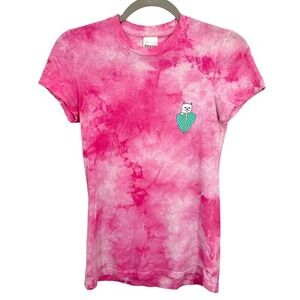 RIPNDIP Women's XS Tie Dye Pink Cat Frida Kahlo Graphic T‎ Shirt Quirky Artsy